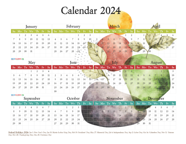 Free Printable 2024 Calendar with Holidays PDF