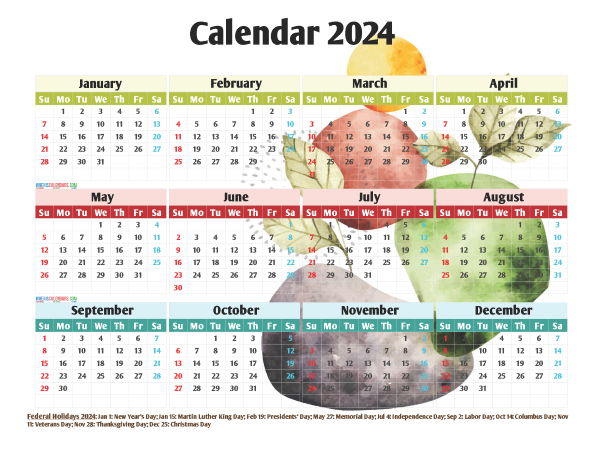 Free 2024 Printable Calendar with Holidays