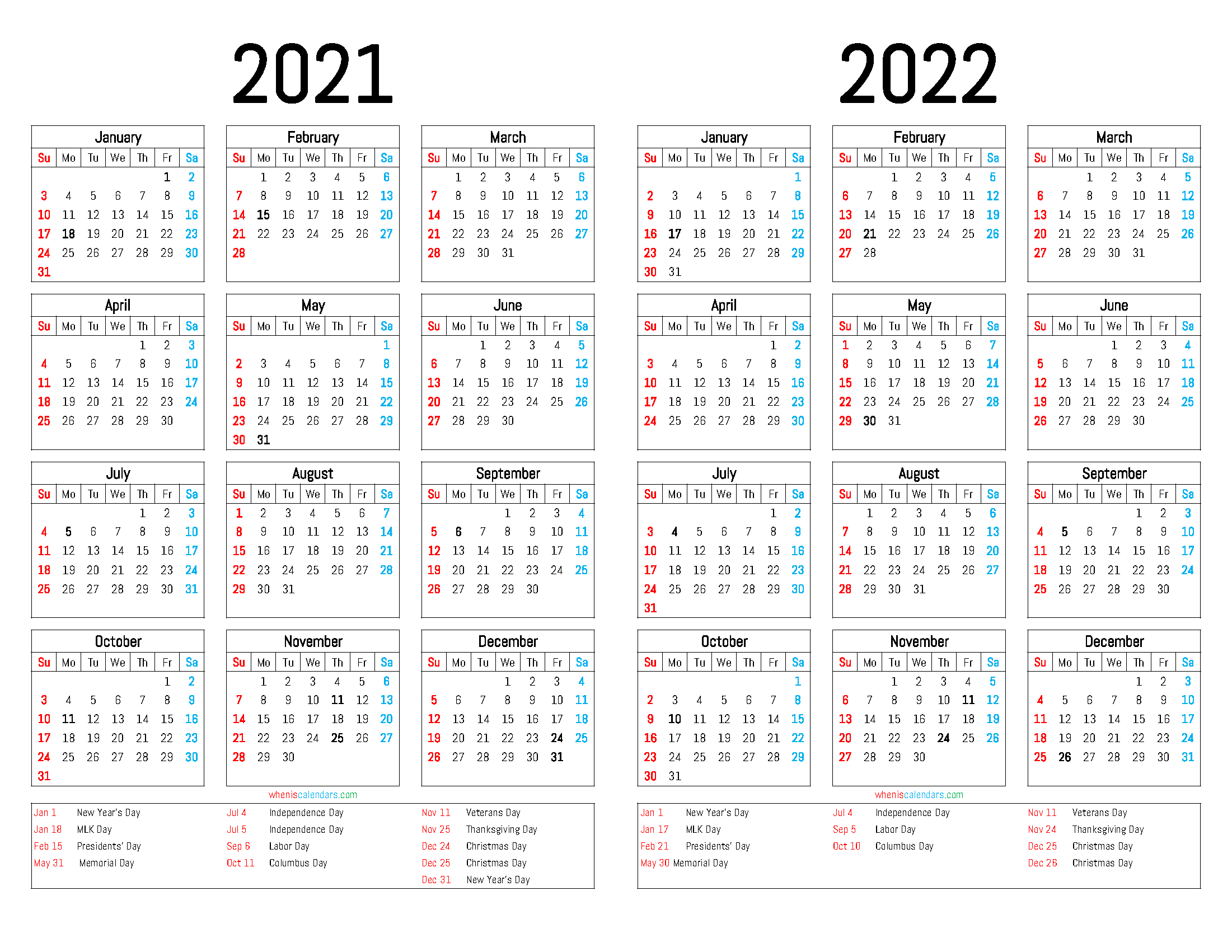 2021 and 2022 Calendar Printable