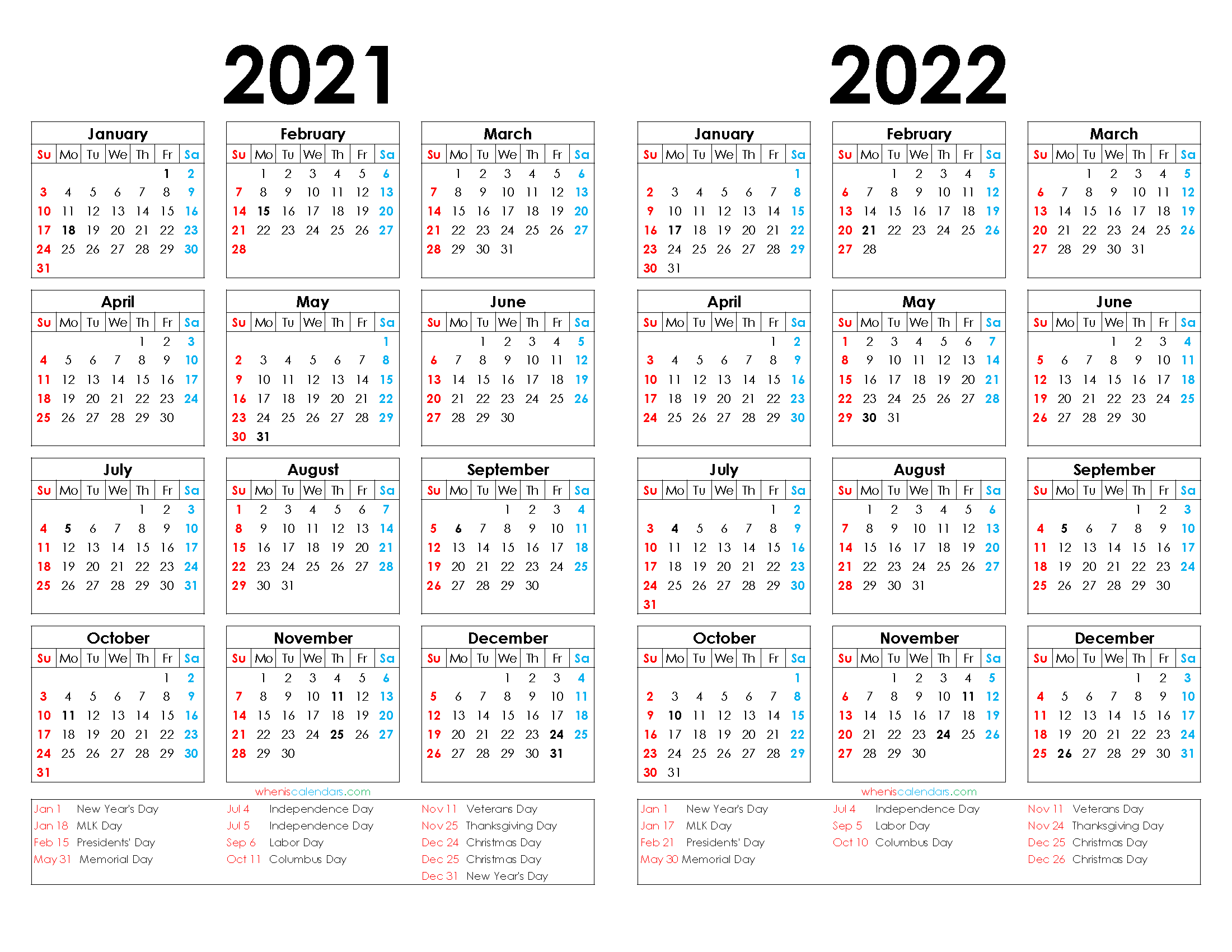 2021 Calendar 2022 Printable Pdf.Printable 2021 And 2022 Calendar With Holidays