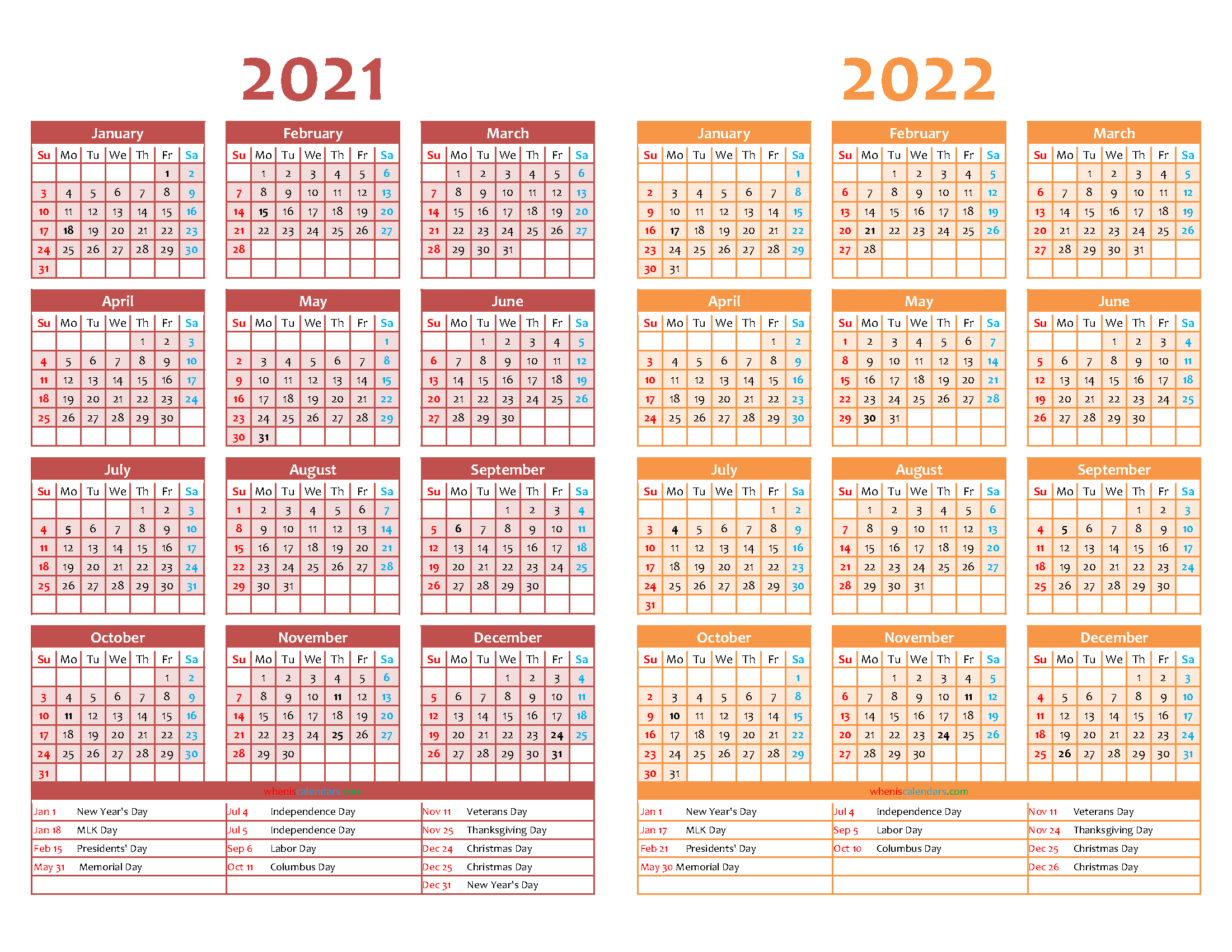 Printable 2021 and 2022 Calendar