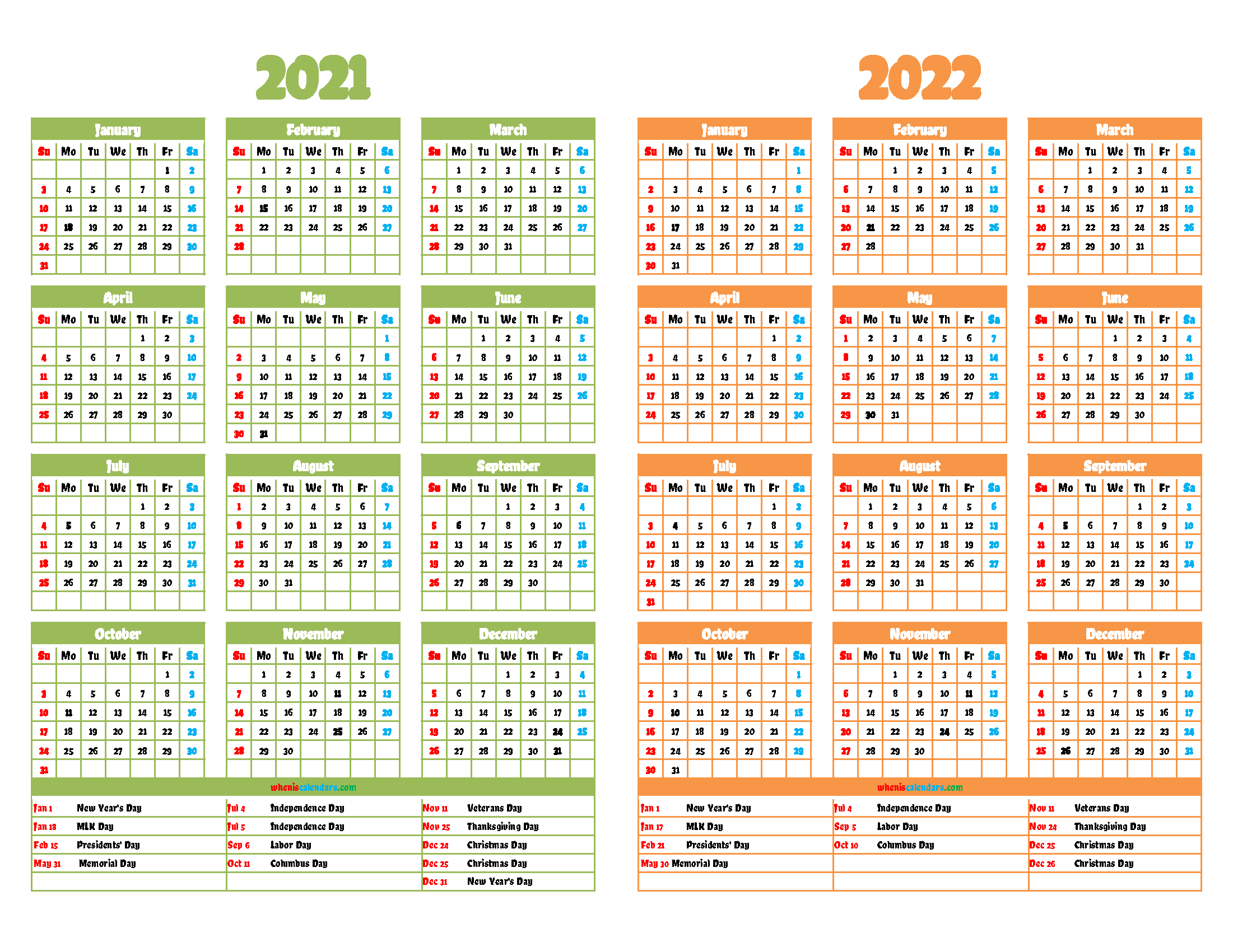 2021 and 2022 Printable Two Year Calendar