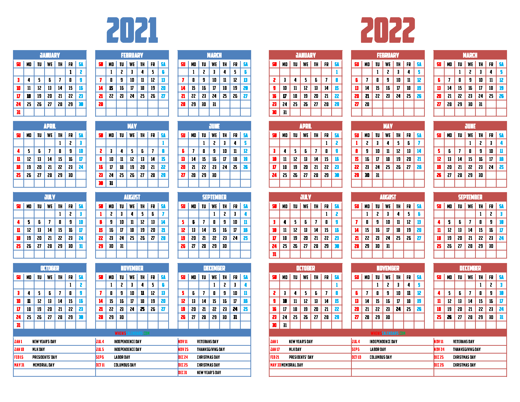 2021 and 2022 Calendar Printable