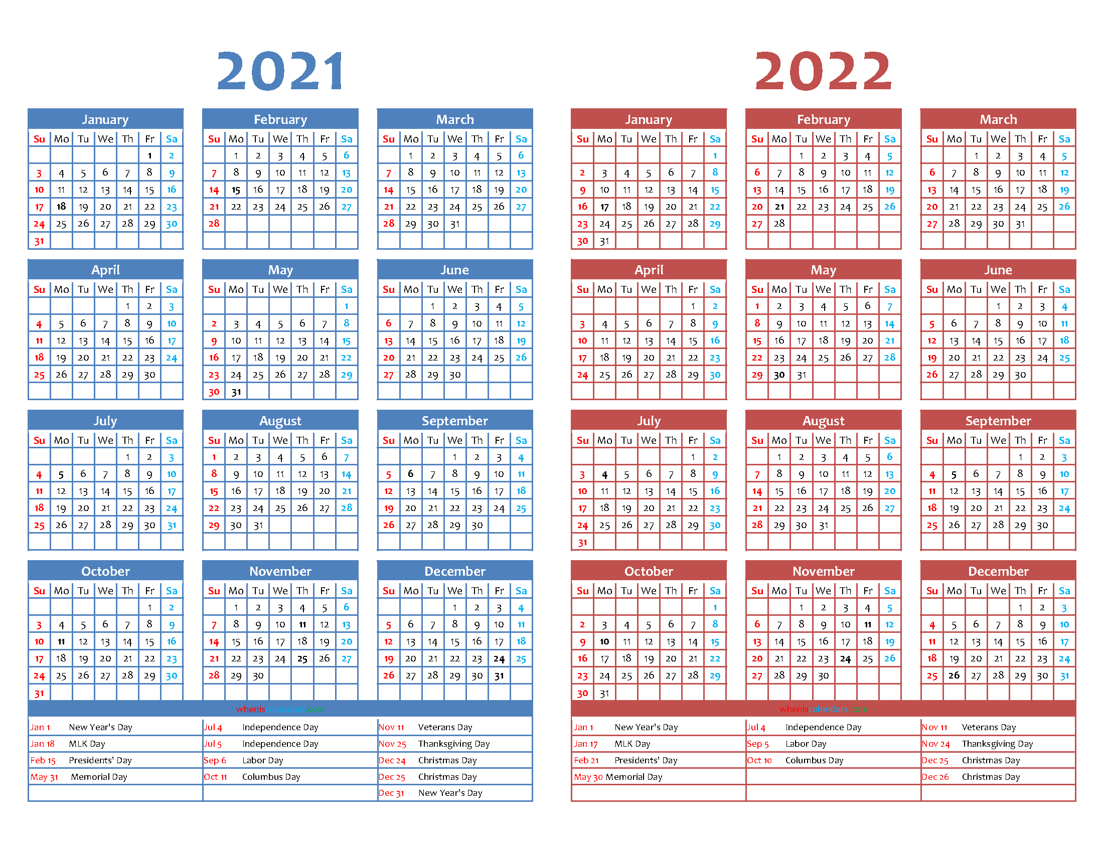 Printable 2021 and 2022 Calendar with Holidays