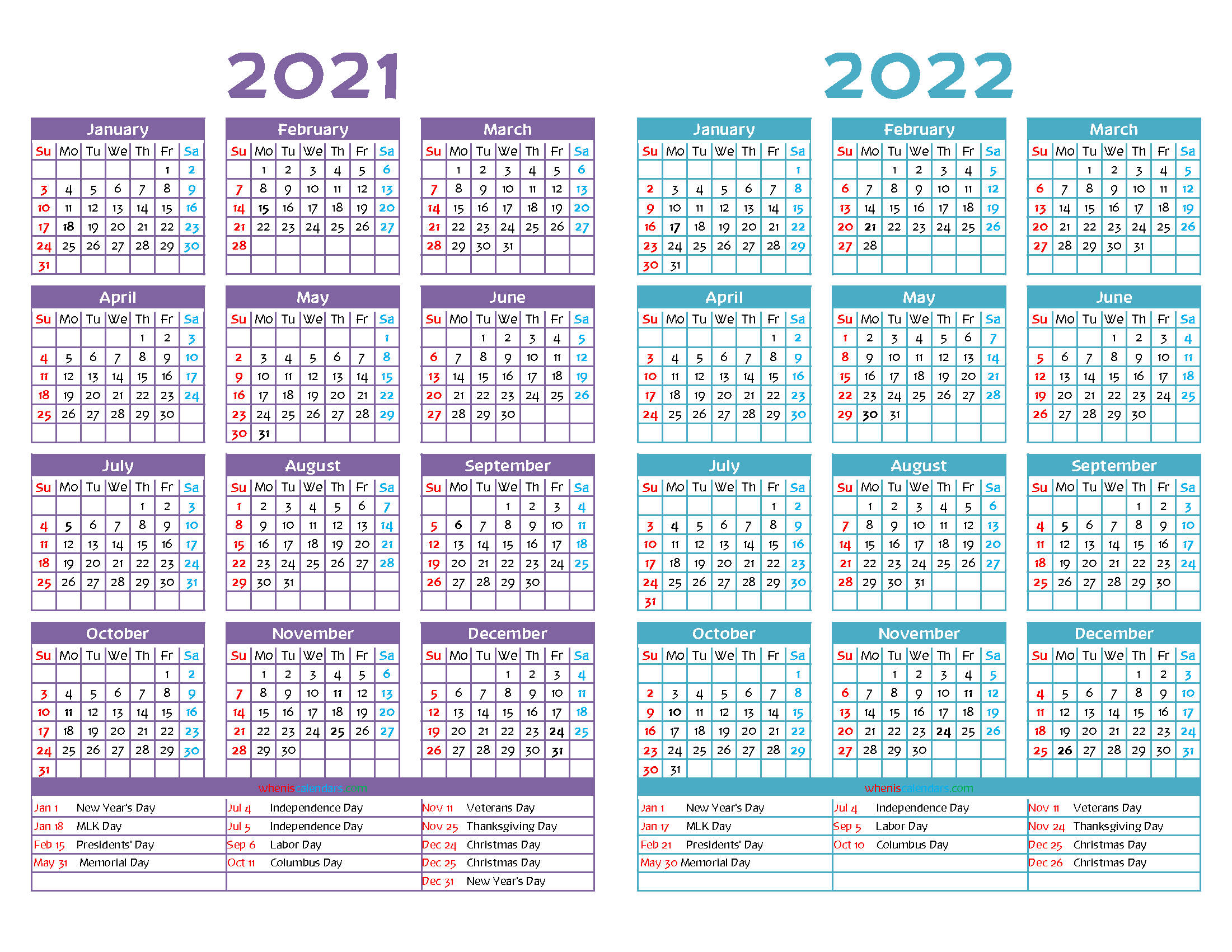 2021 and 2022 Printable Two Year Calendar