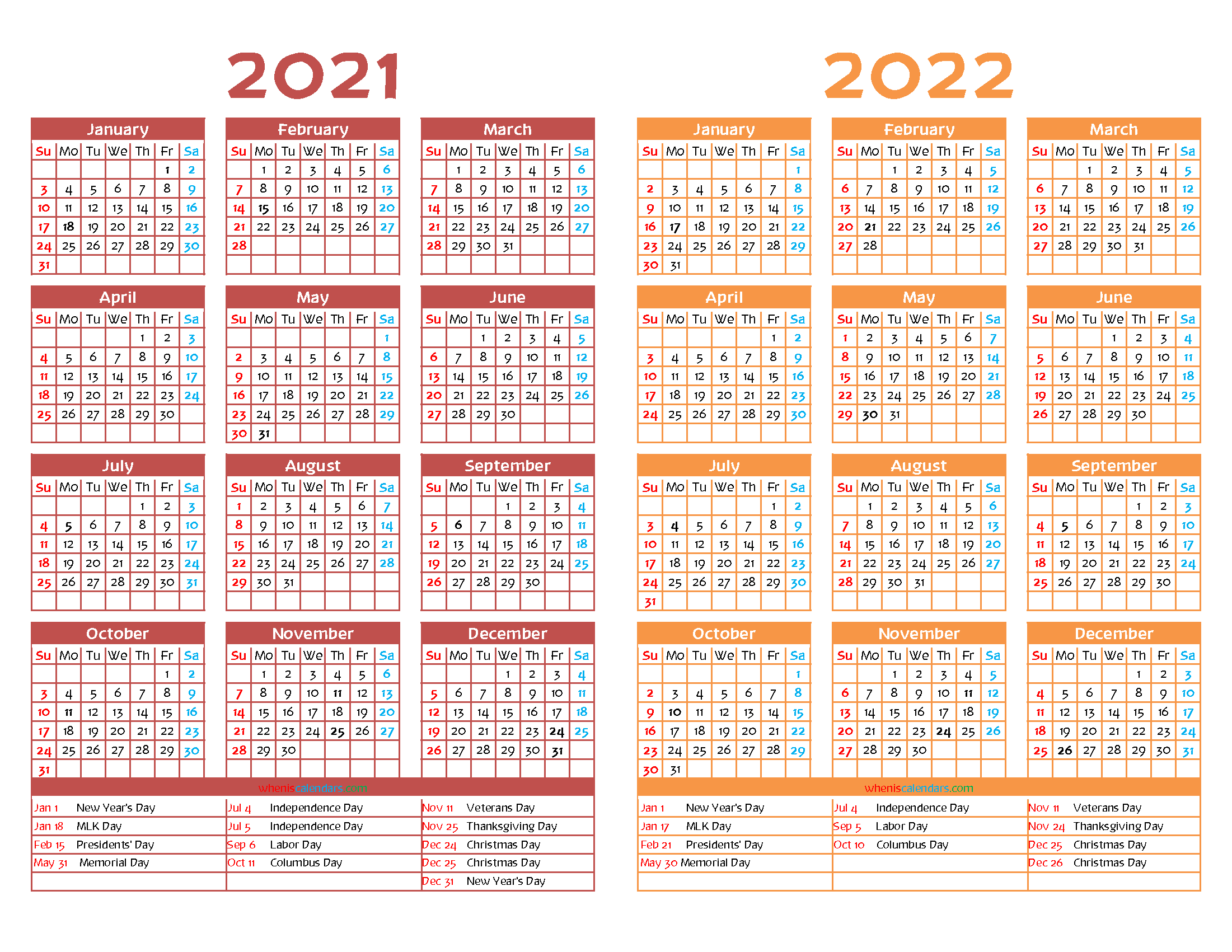 2021 and 2022 Calendar Printable Free