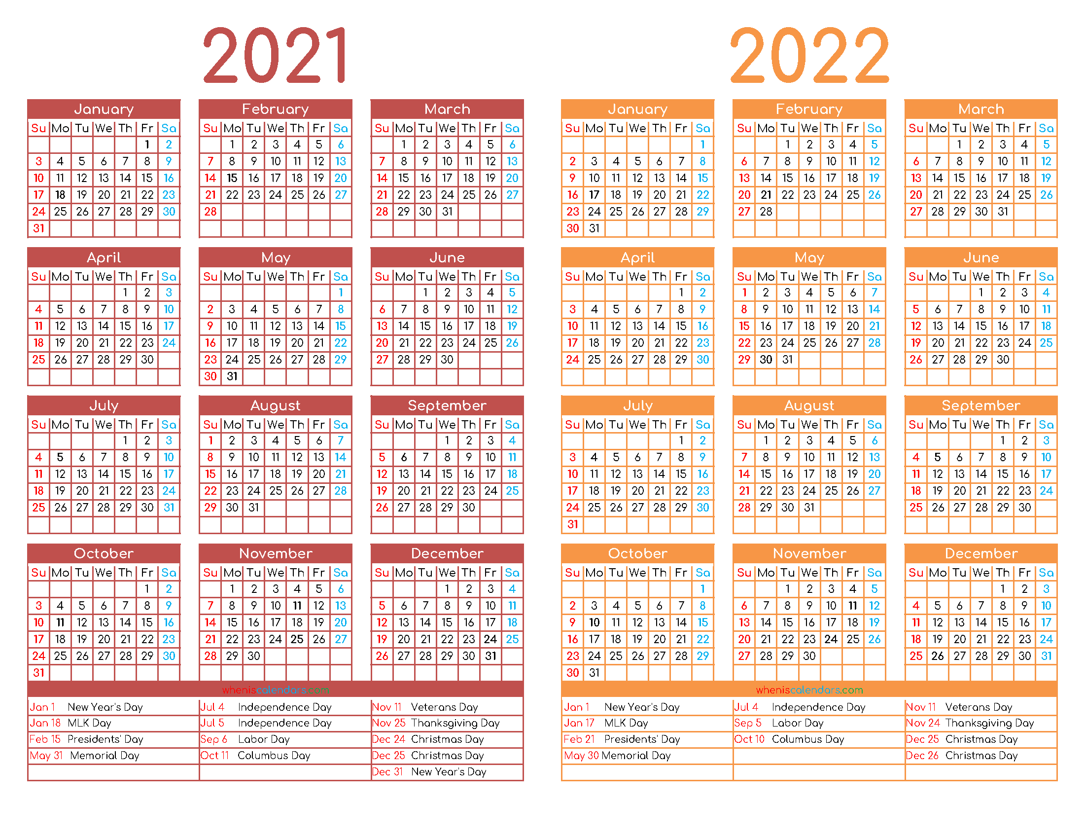 Printable 2021 and 2022 Calendar with Holidays (12 Templates)
