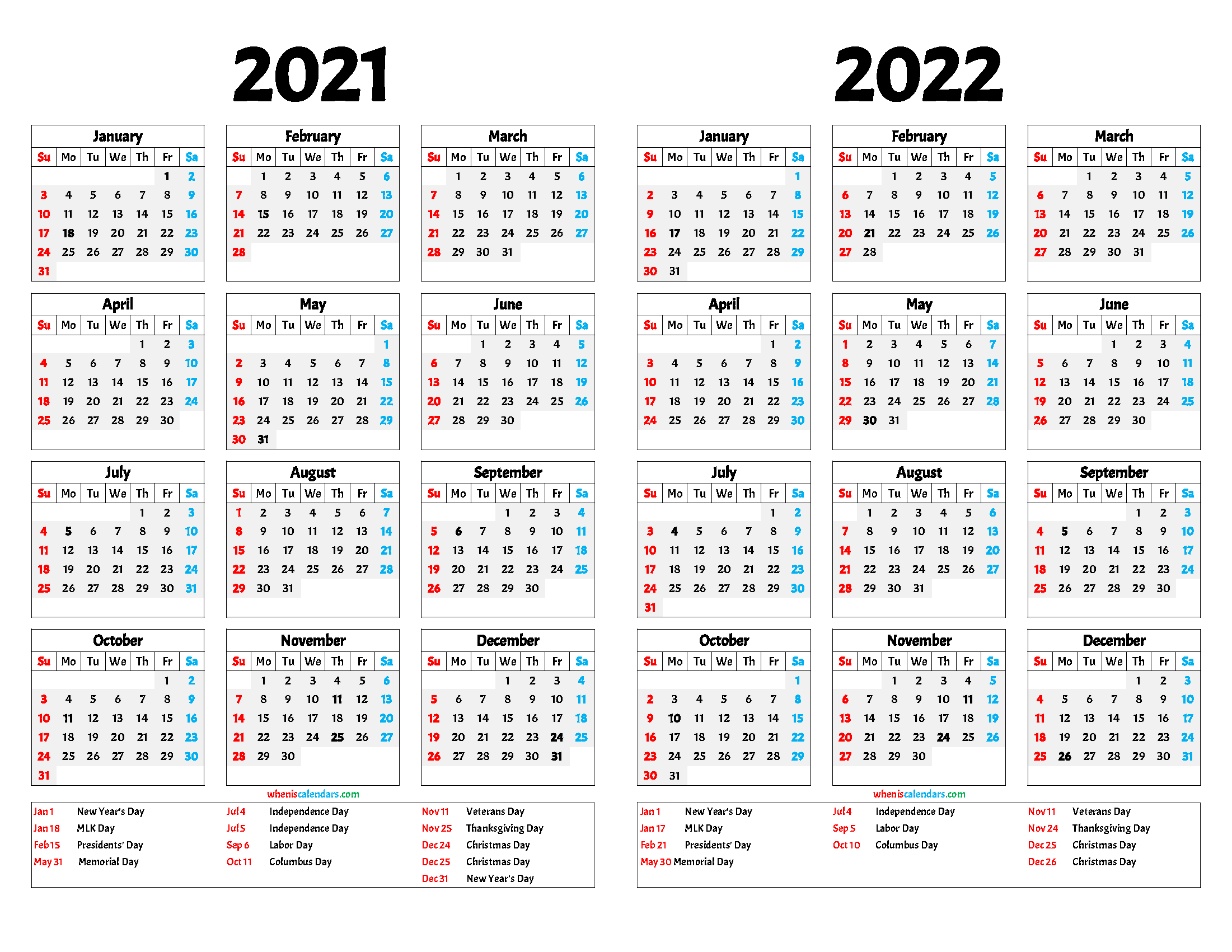 Printable Calendar 2021 And 2022 With Holidays