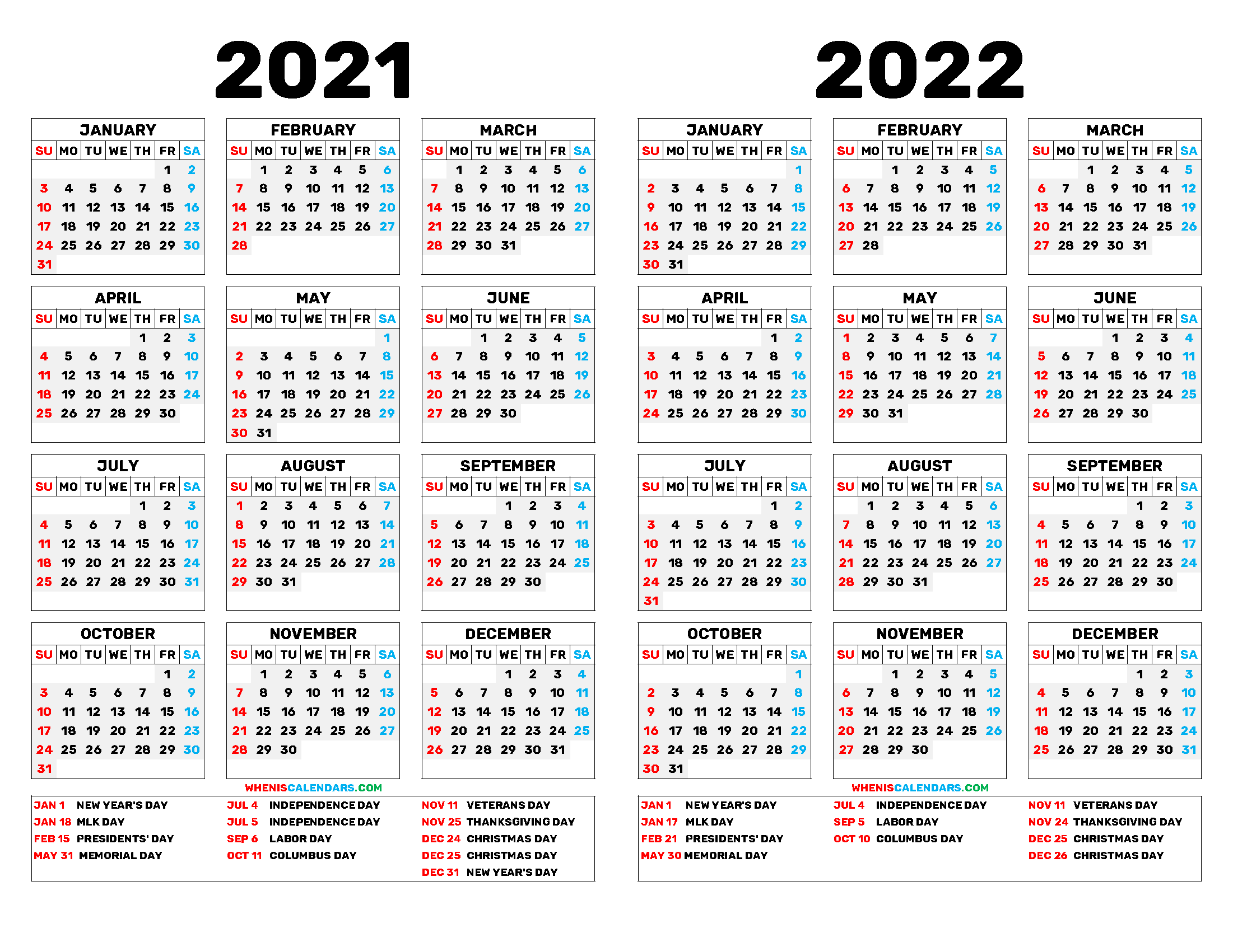 2021 and 2022 Printable Two Year Calendar (12 Templates)