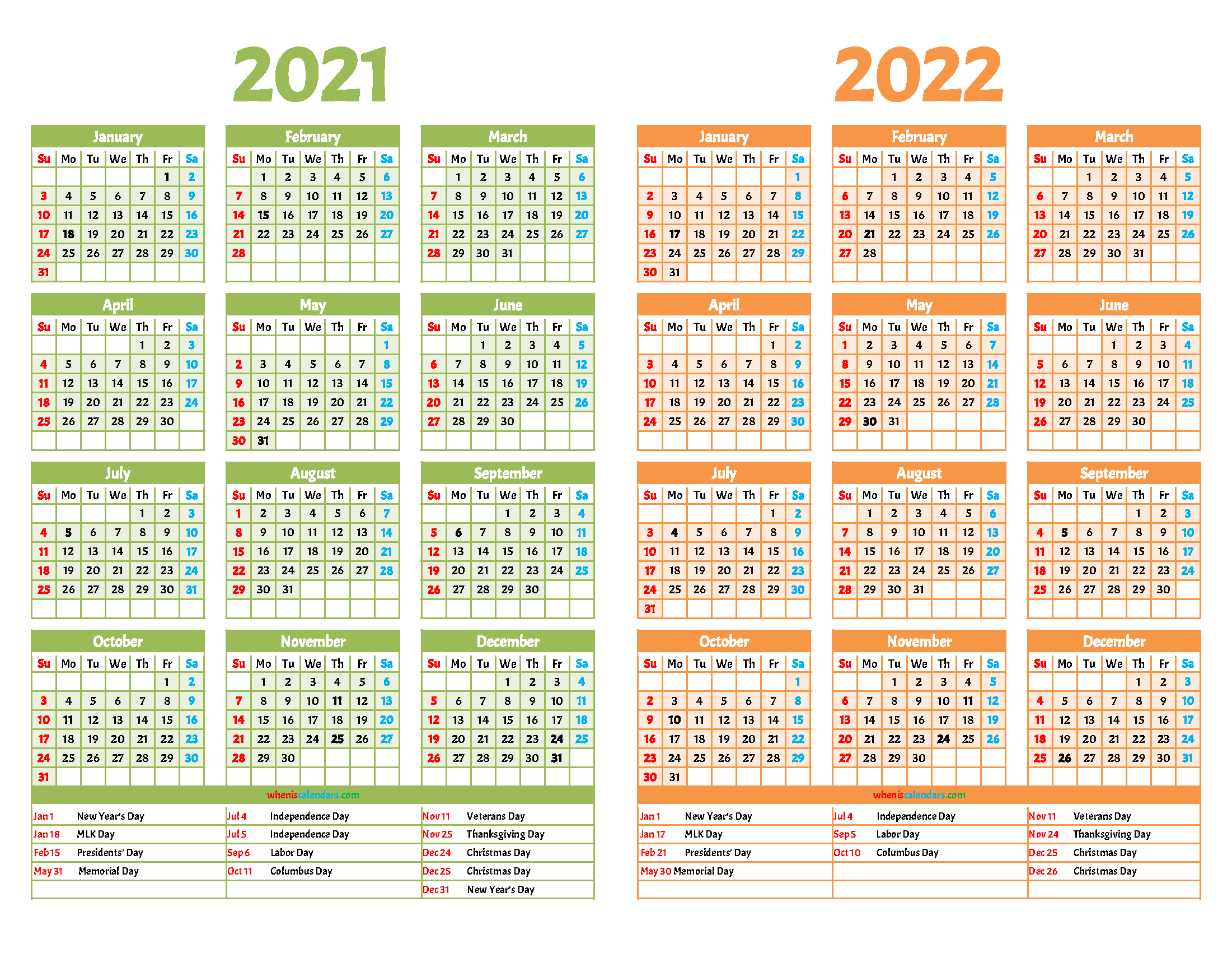 Printable 2021 and 2022 Calendar Two Year