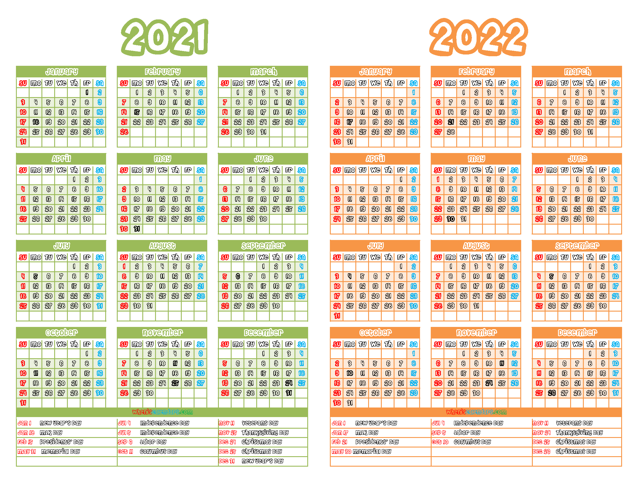 2021 and 2022 Printable Calendar with Holidays