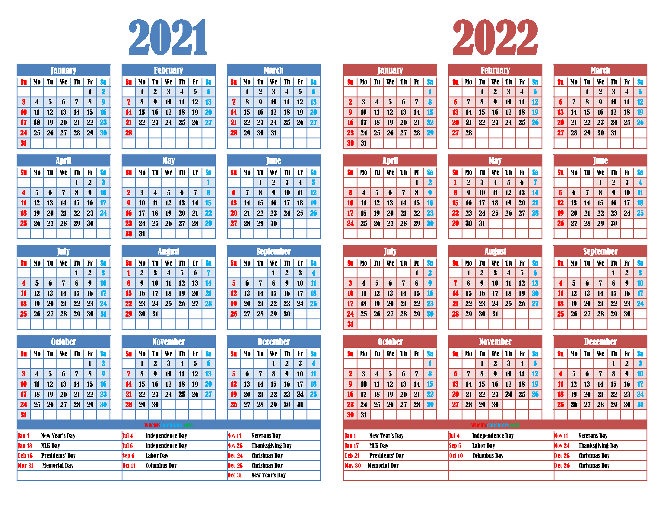Printable 2021 and 2022 Calendar with Holidays