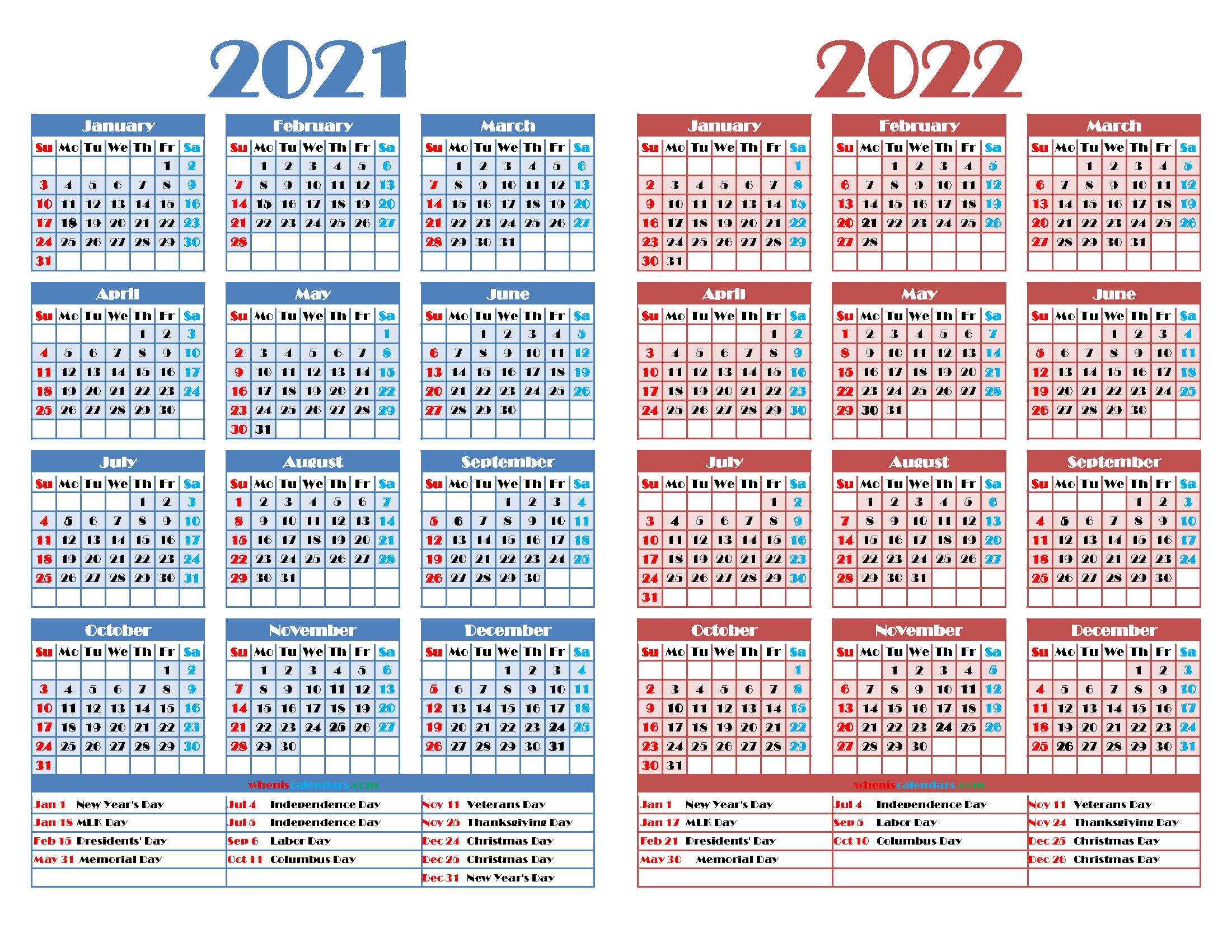 2021 and 2022 Calendar Printable Free