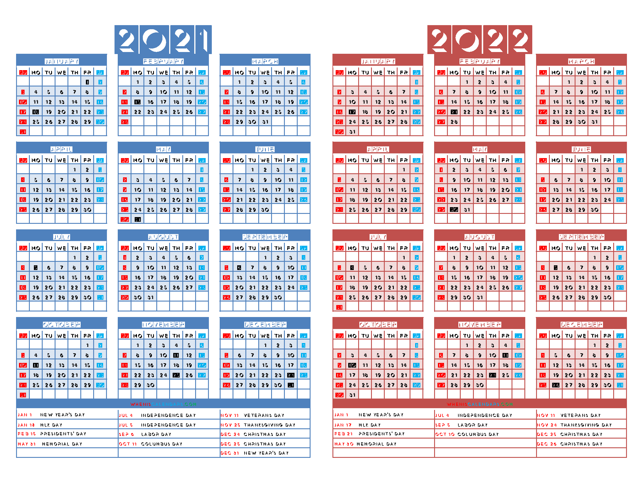 2021 and 2022 Printable Calendar with Holidays (12 Templates)