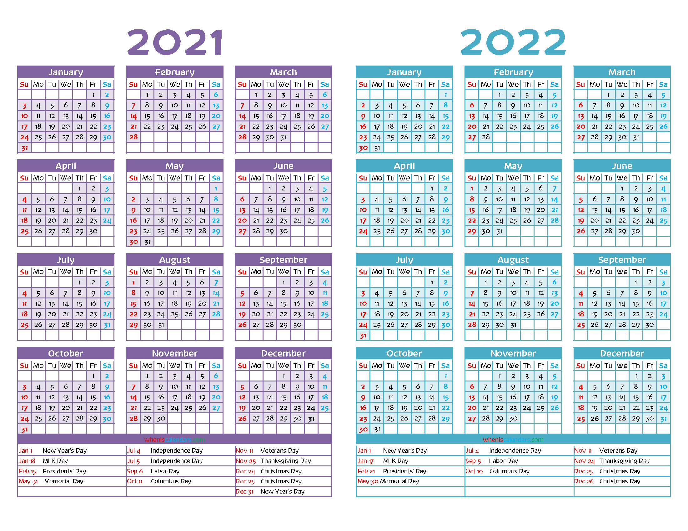 Printable 2021 and 2022 Calendar