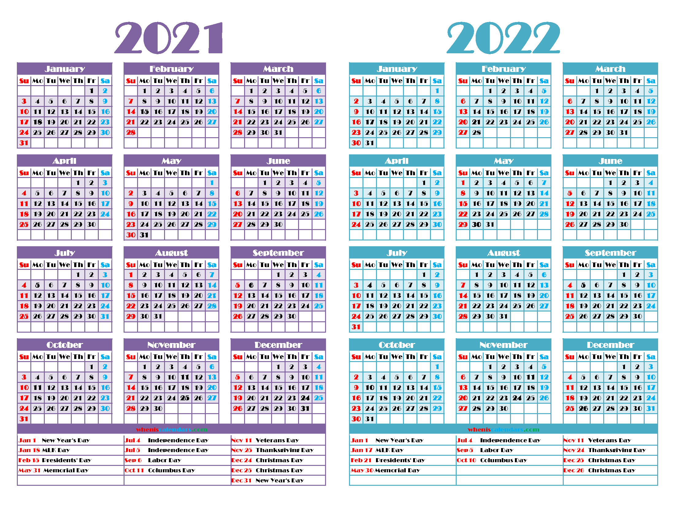 Printable 2021 and 2022 Calendar Two Year