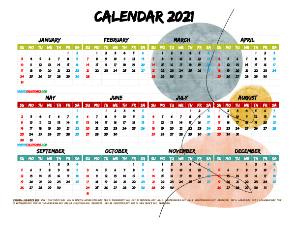 Free Printable 2021 Calendar with Holidays PDF