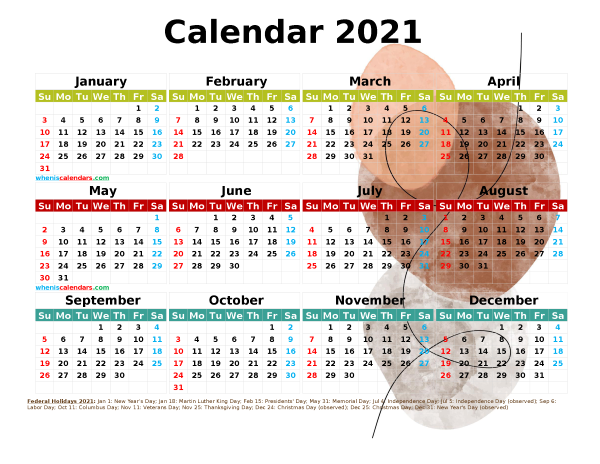 Printable Yearly 2021 Calendar with Holidays