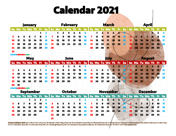 2021 Calendar with Holidays Free Printable
