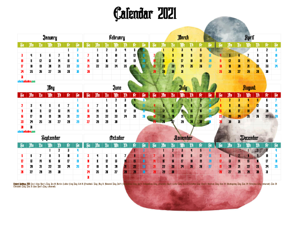 Printable Yearly 2021 Calendar with Holidays