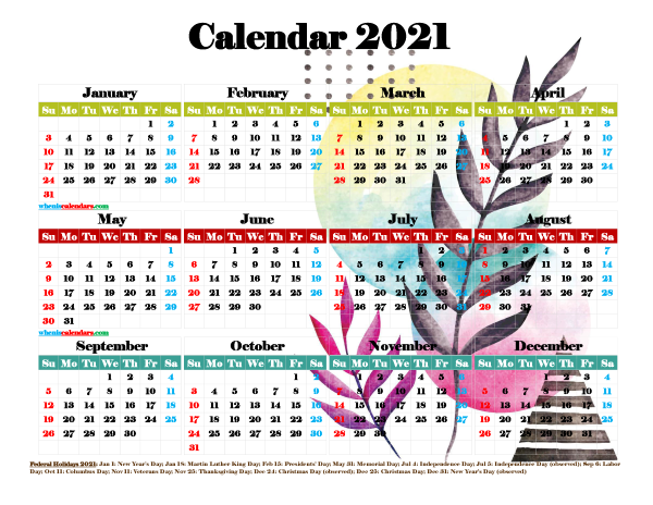 12 Printable 2021 Yearly Calendar with Holidays ...