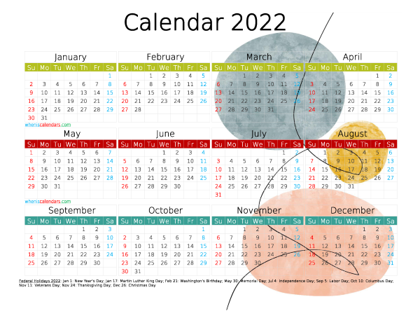 Printable 2022 Yearly Calendar with Holidays