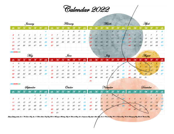 Printable Yearly 2022 Calendar with Holidays