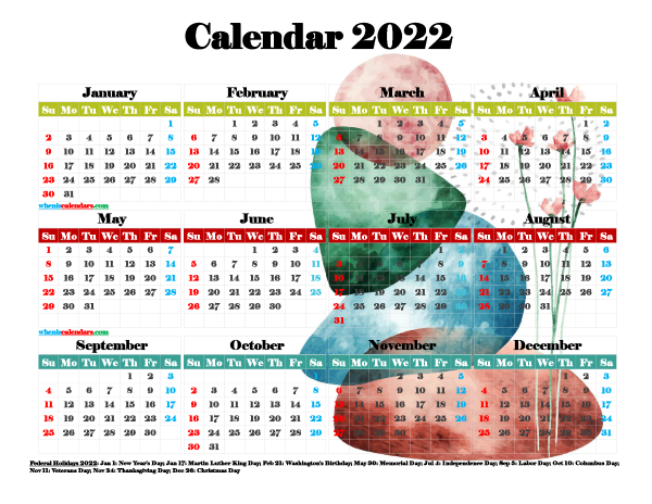Printable 2022 Yearly Calendar with Holidays