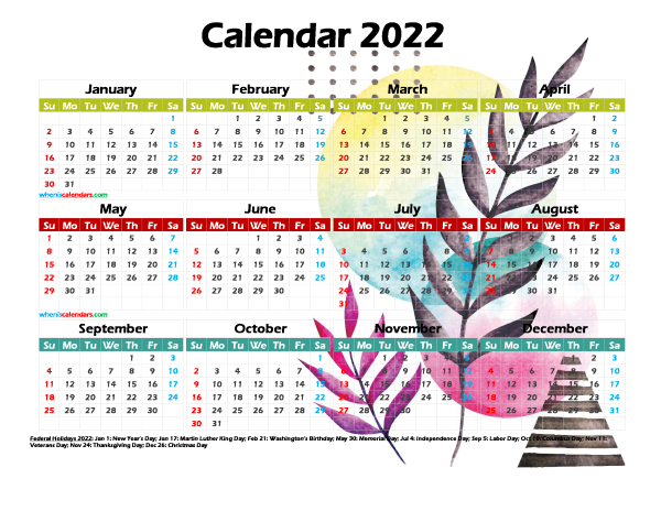 Free 2022 Printable Yearly Calendar