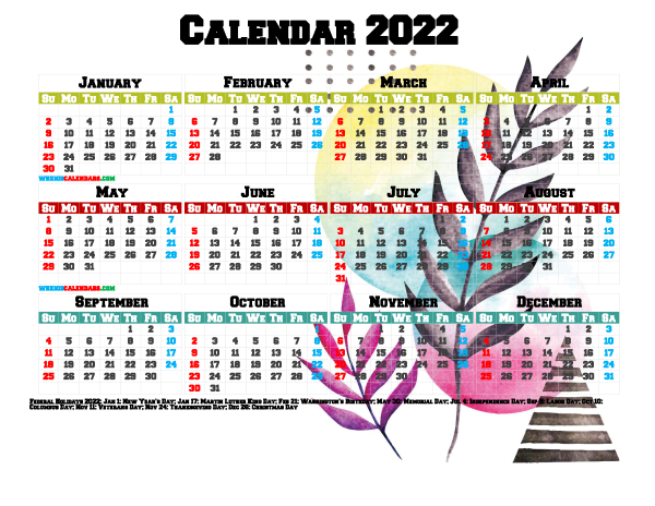 12 free printable 2022 calendar with holidays pdf watercolor premium
