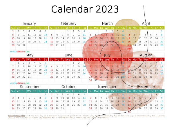 12 Printable 2023 Yearly Calendar With Holidays Watercolor Premium