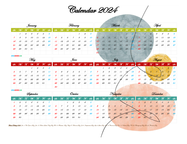 Printable Yearly 2024 Calendar with Holidays