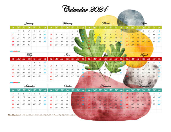 2024 Calendar with Holidays Free Printable