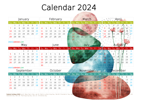 Printable 2024 Yearly Calendar with Holidays
