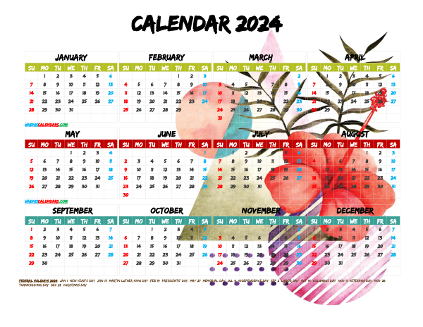 Printable 2024 Yearly Calendar with Holidays