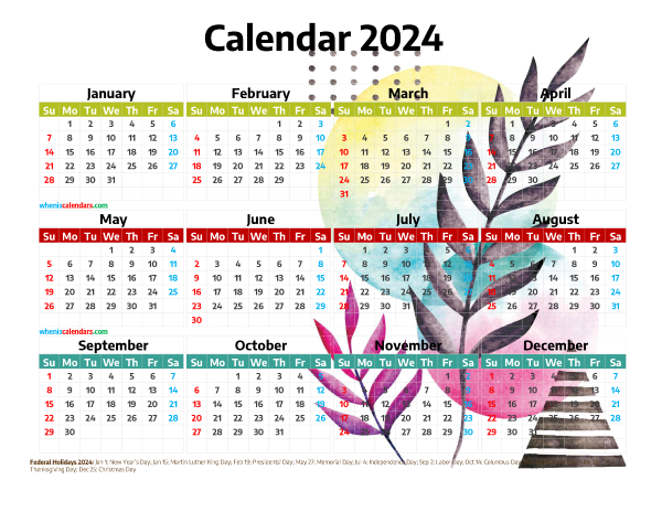 2024 Calendar with Holidays Free Printable