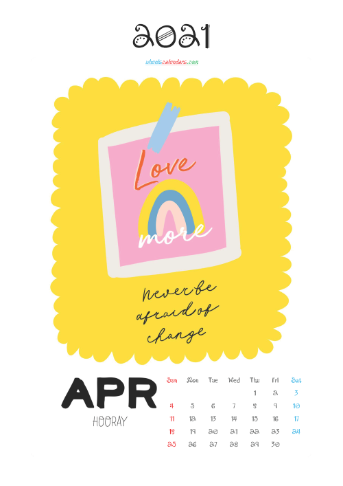 Free Cute Calendar Printable April 2021