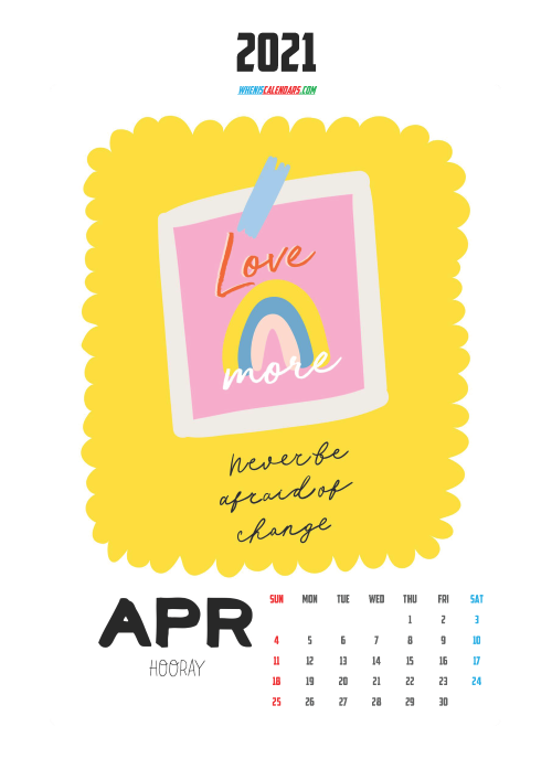 April 2021 Calendar for Kids Printable