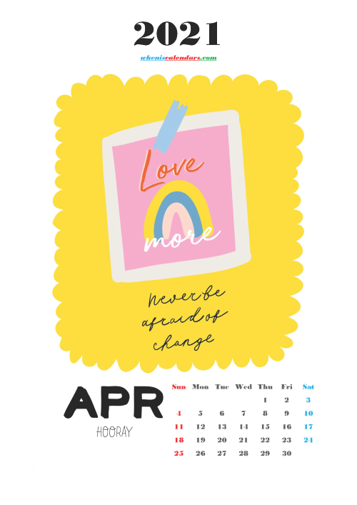 Free Calendar for Kids Printable April 2021