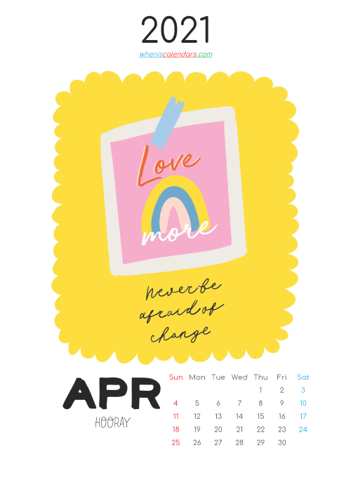 April 2021 Calendar for Kids Printable