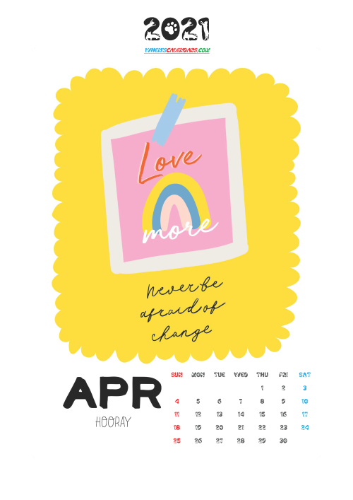 Free Calendar for Kids Printable April 2021