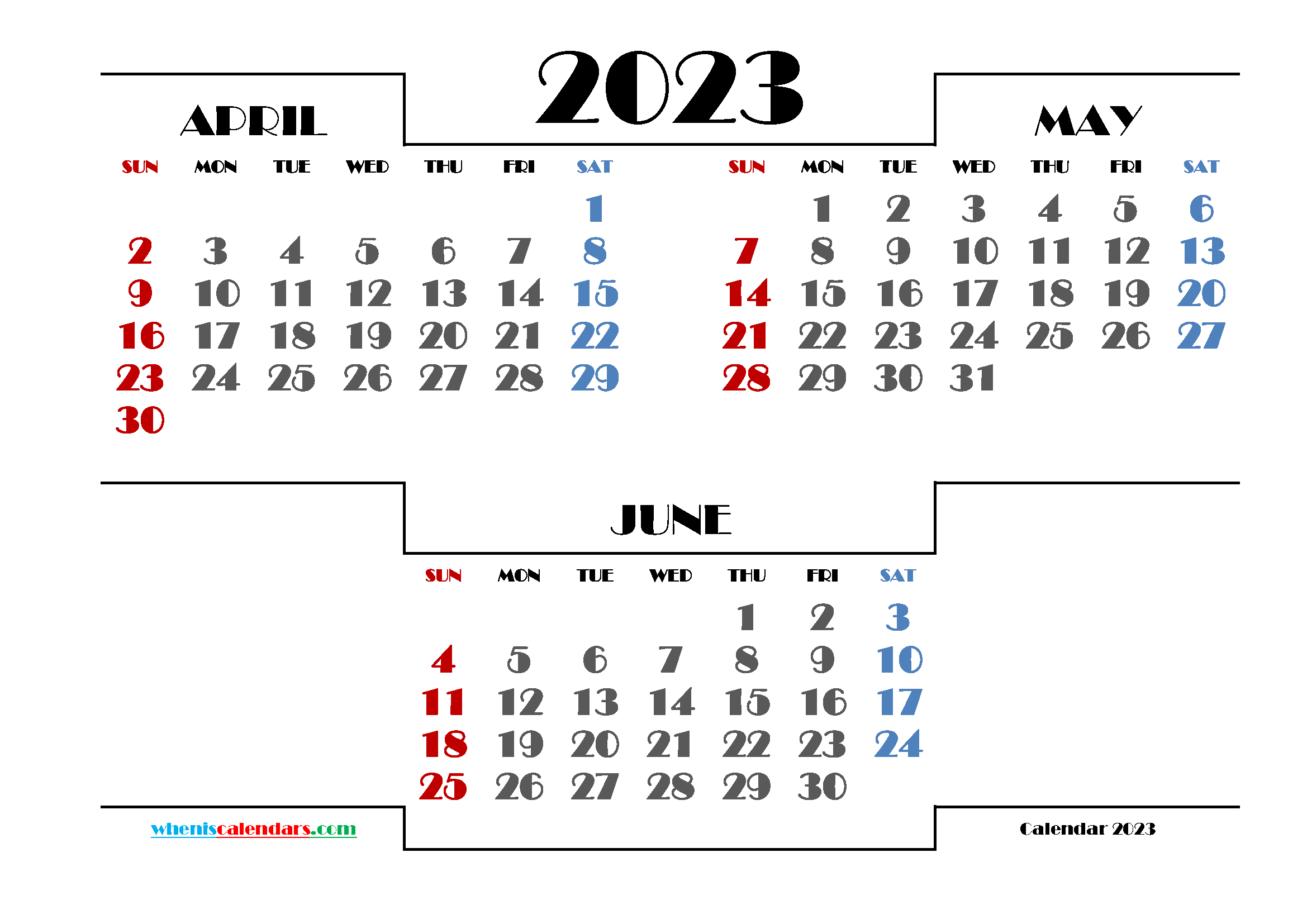 April May June 2023 Printable Calendar Free
