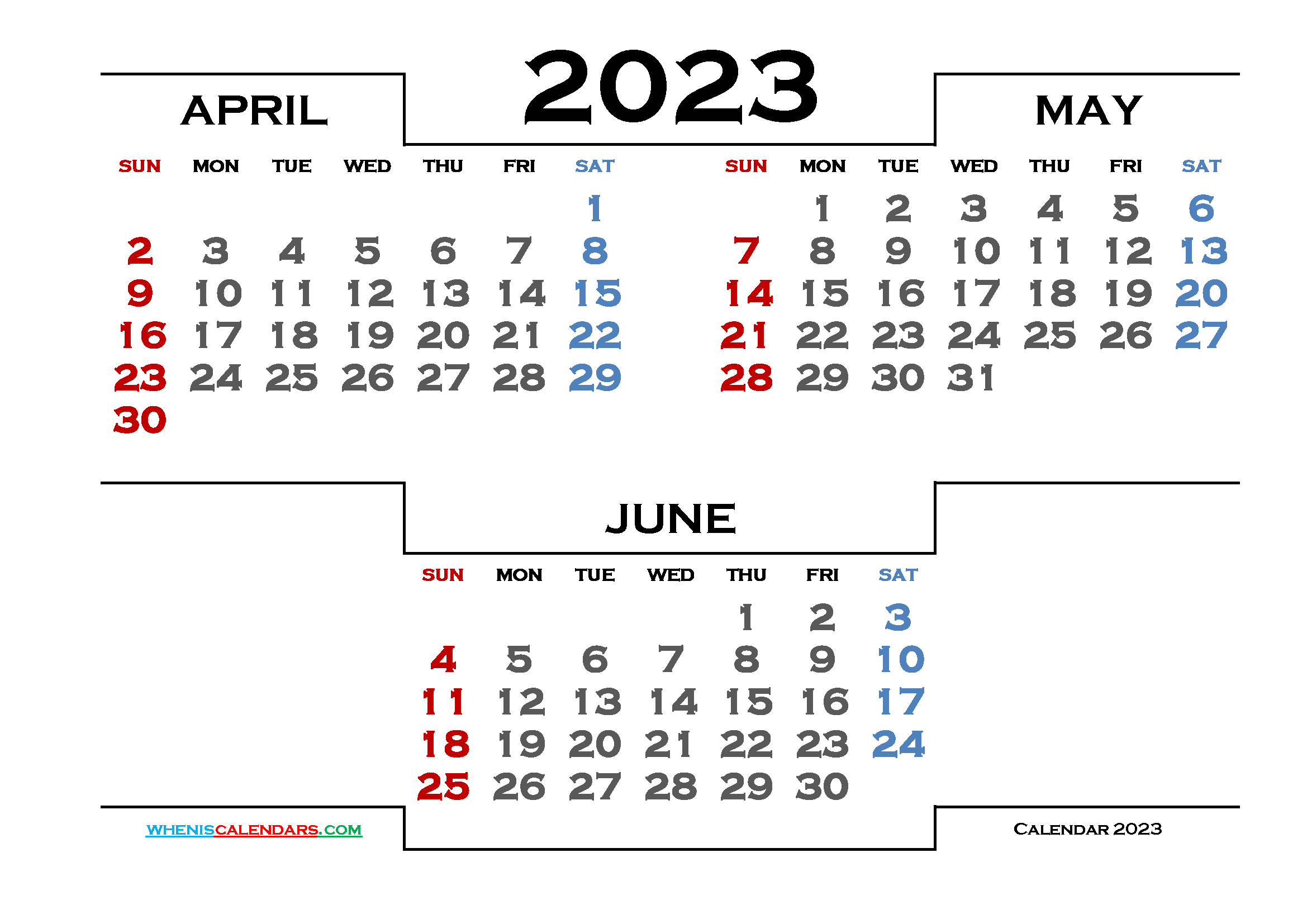 Free April May June 2023 Calendar Printable