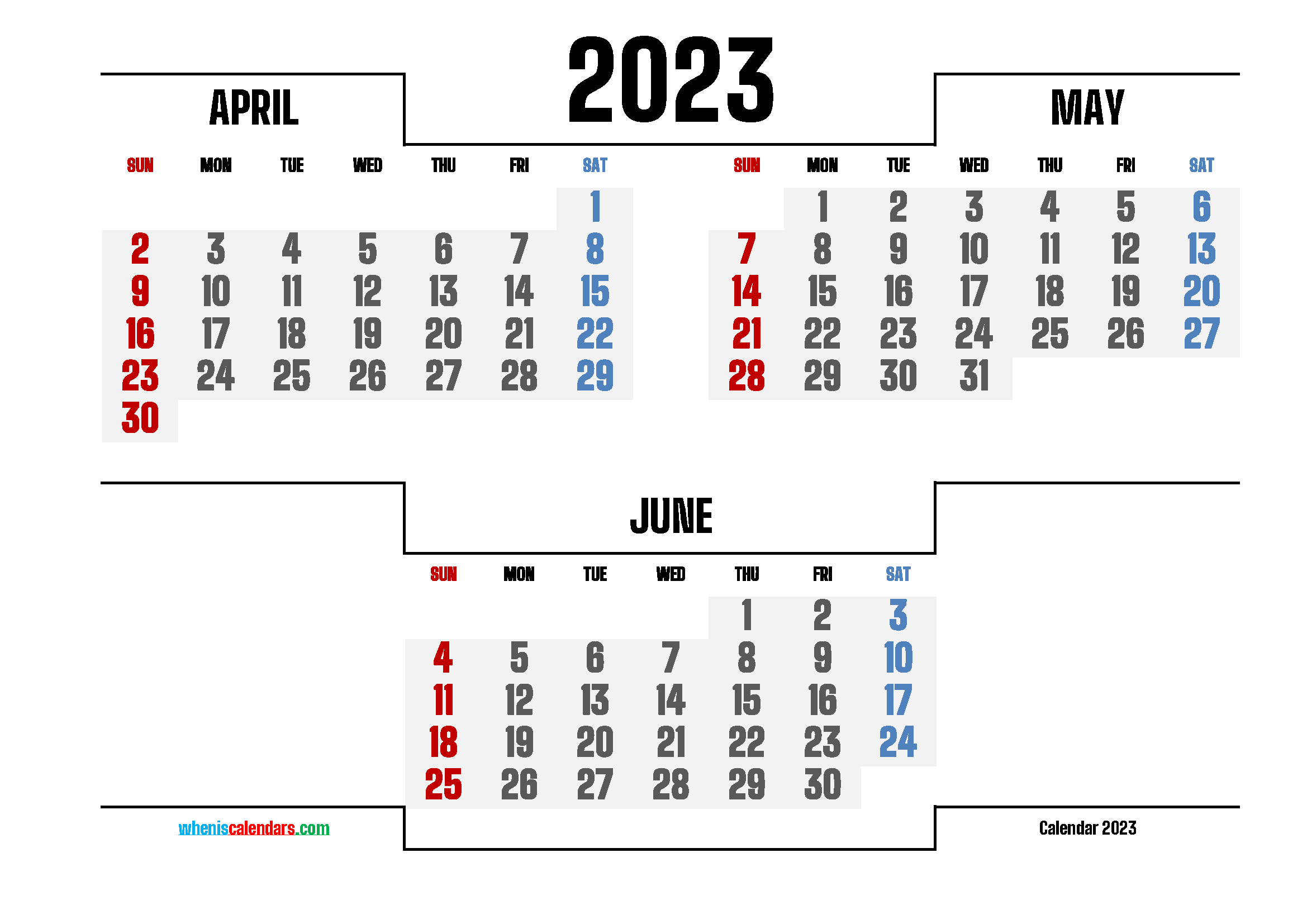 Calendar April May June 2023 Printable