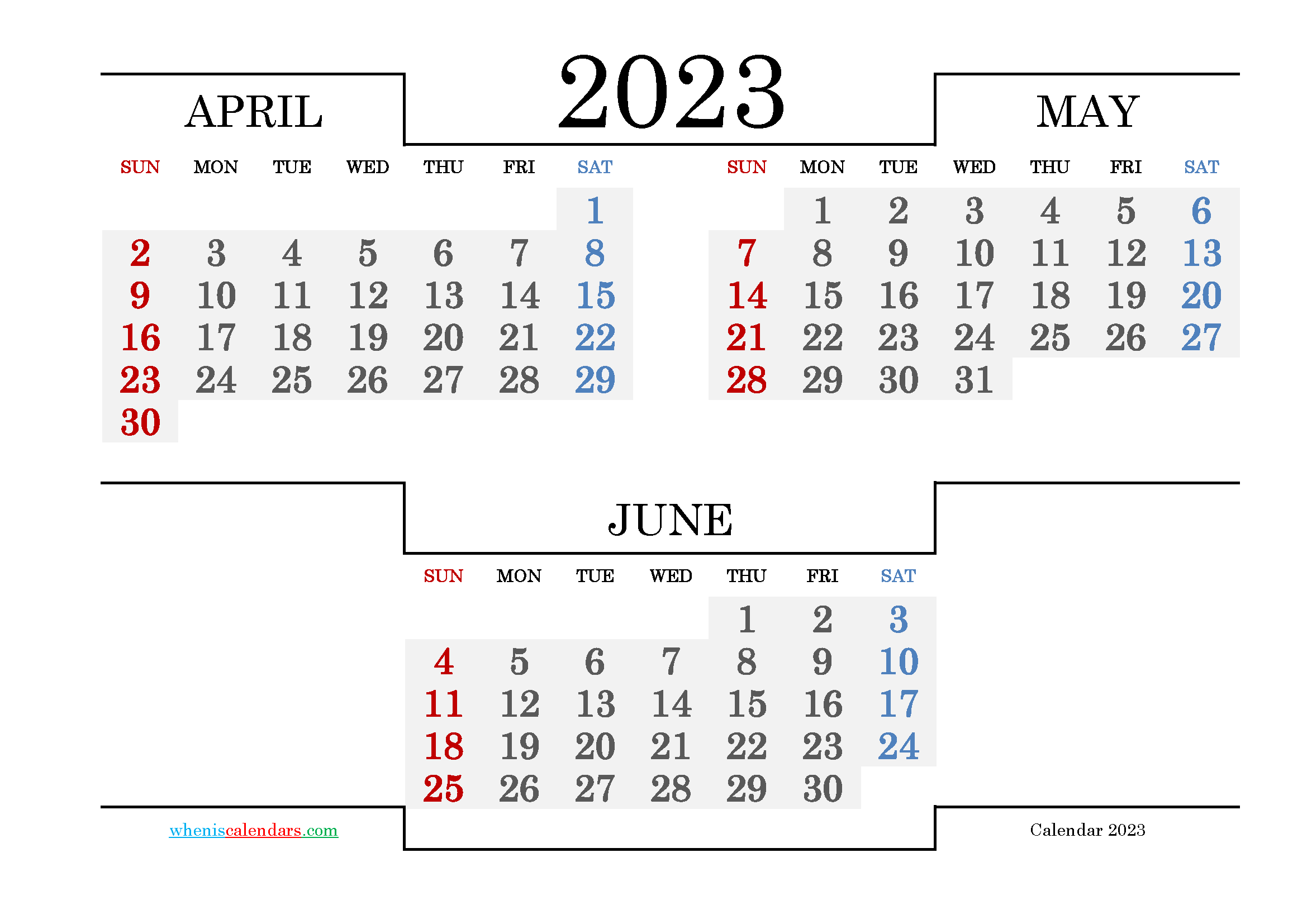 April May June 2023 Free Printable Quarterly Calendar