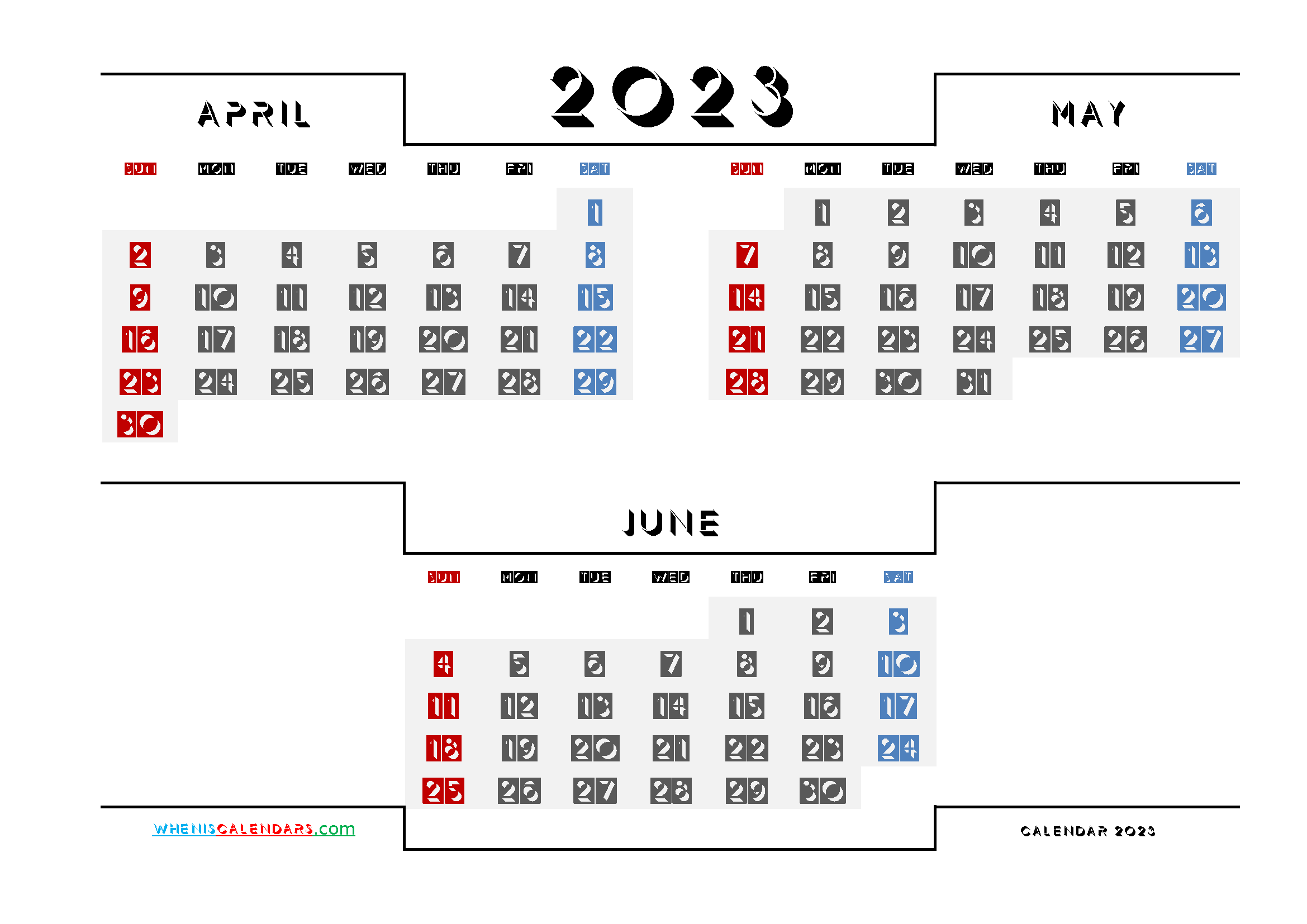 Calendar April May June 2023 Printable