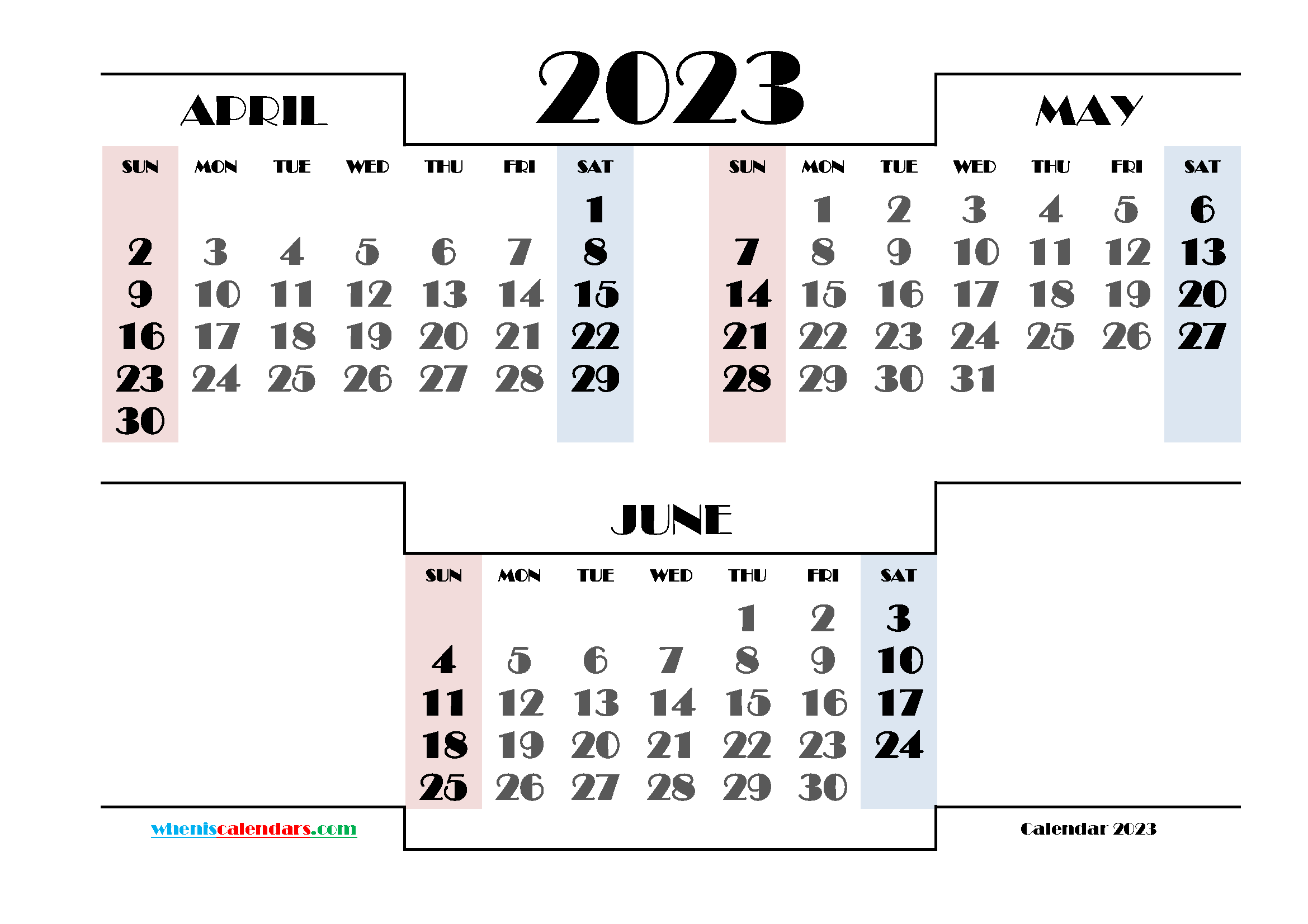 April May June 2023 Printable Quarterly Calendar