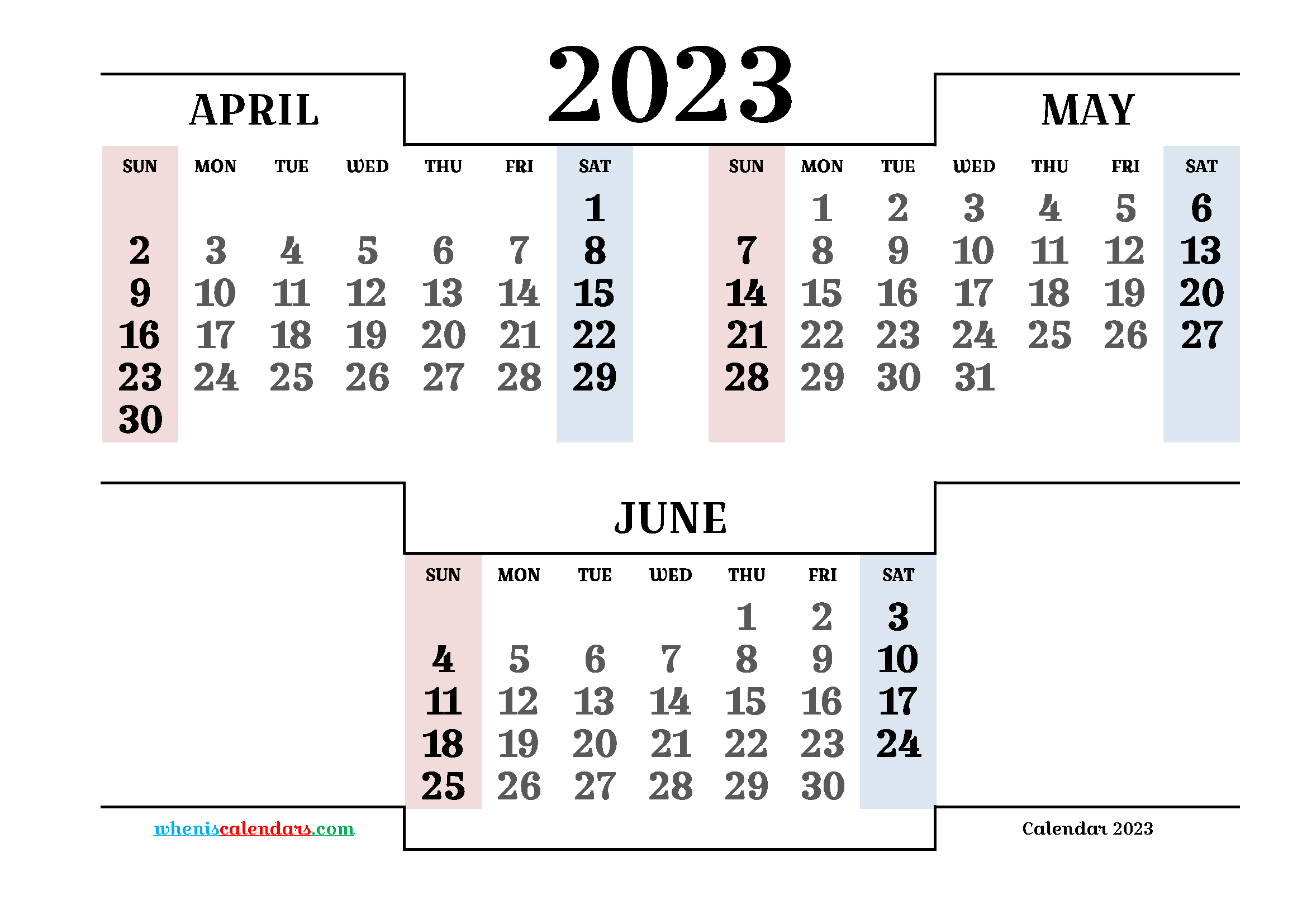 April May June 2023 Printable Quarterly Calendar