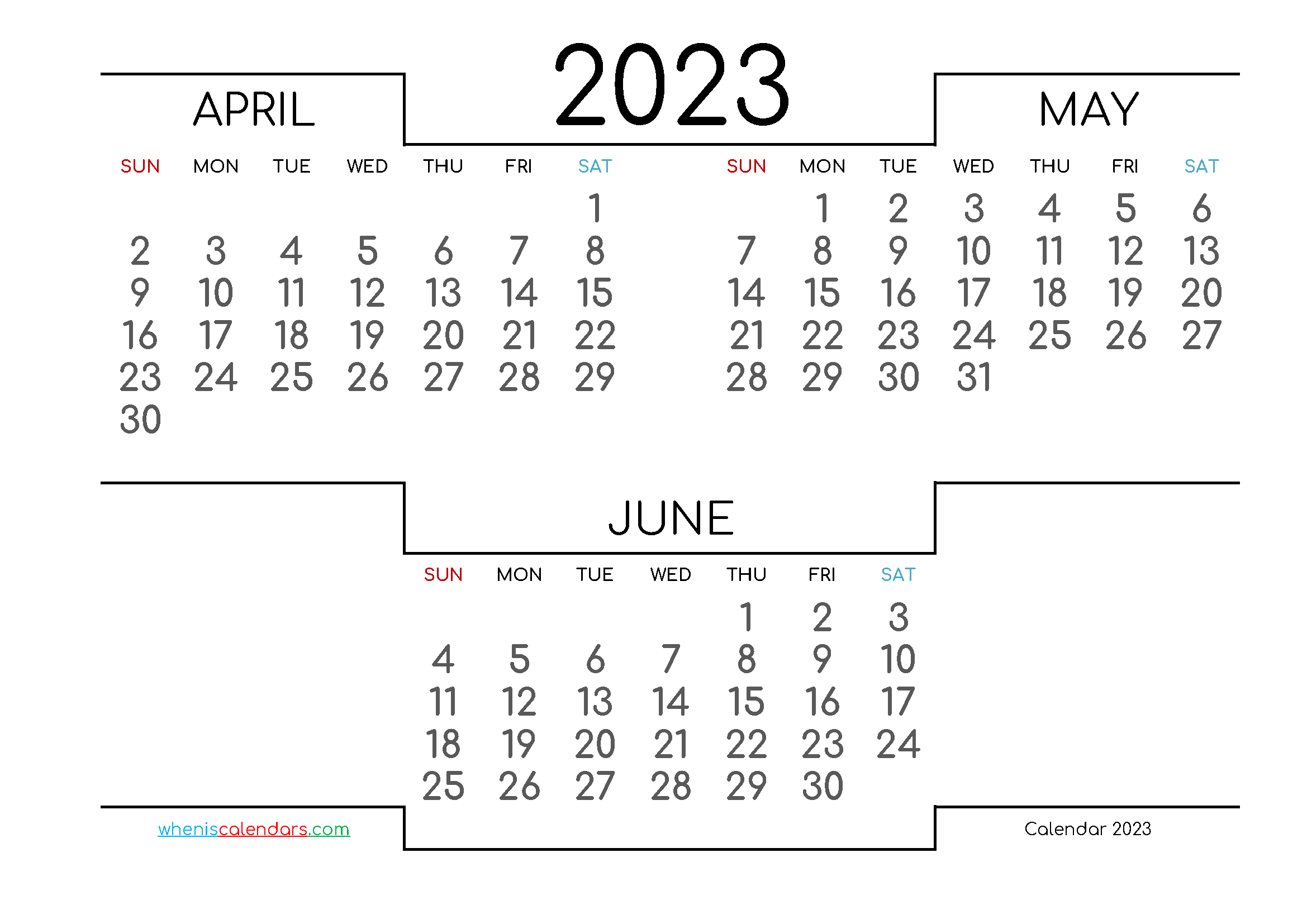 April May June 2023 Free Printable Quarterly Calendar