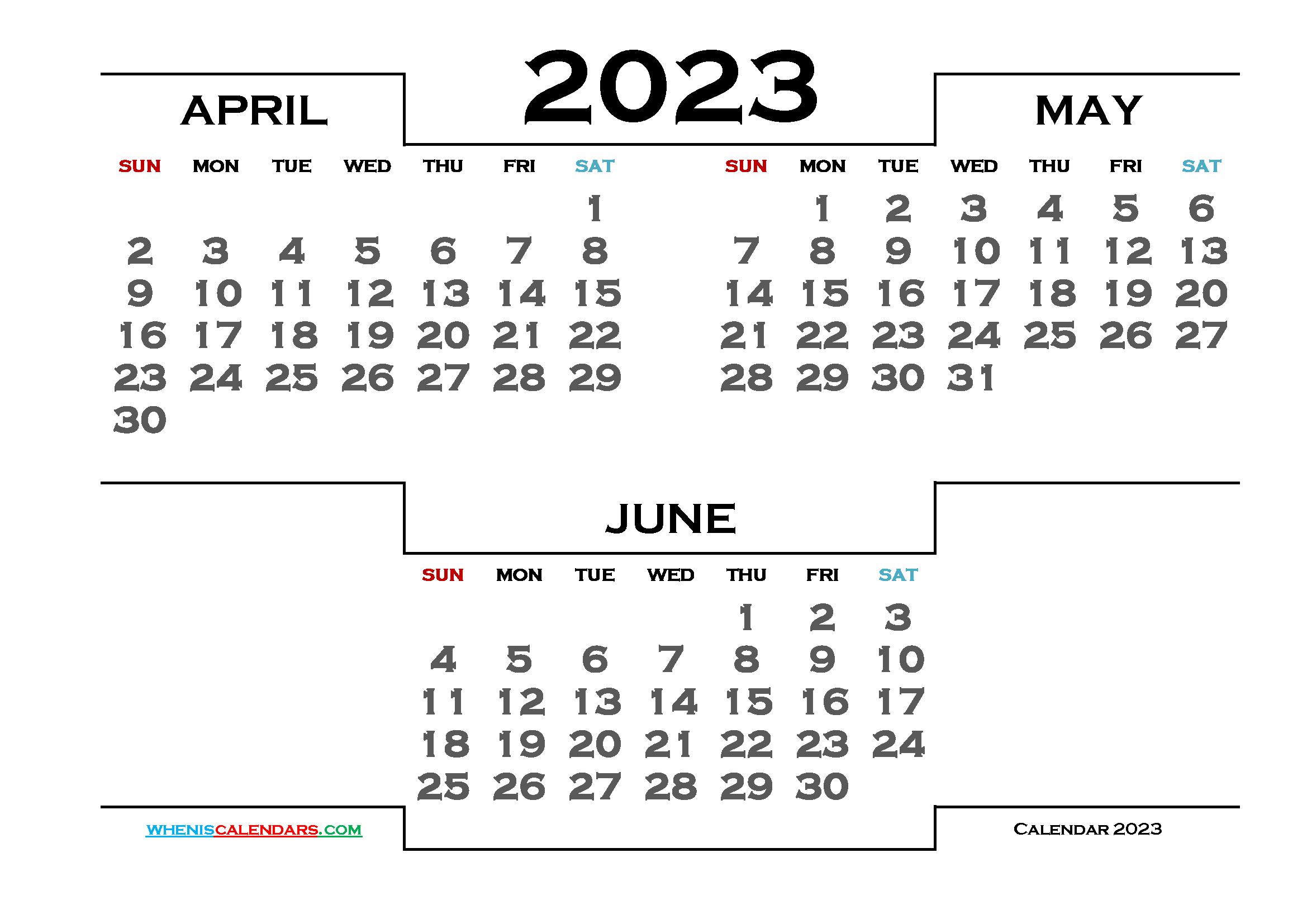 April May June 2023 Printable 3 Month Calendar